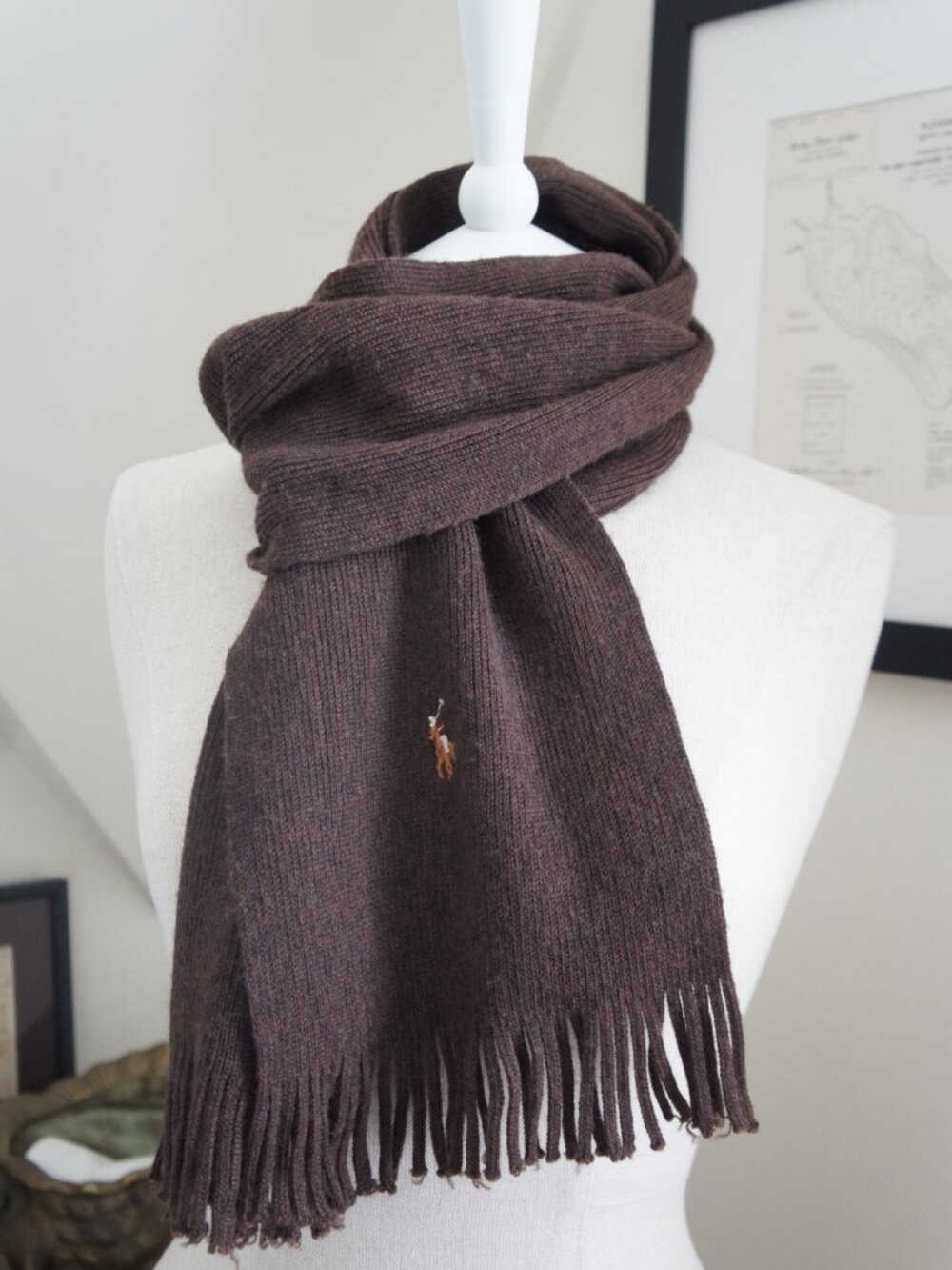 Polo Ralph Lauren 90s Vintage 100% Merino Wool Dark Brown Fringe Scarf